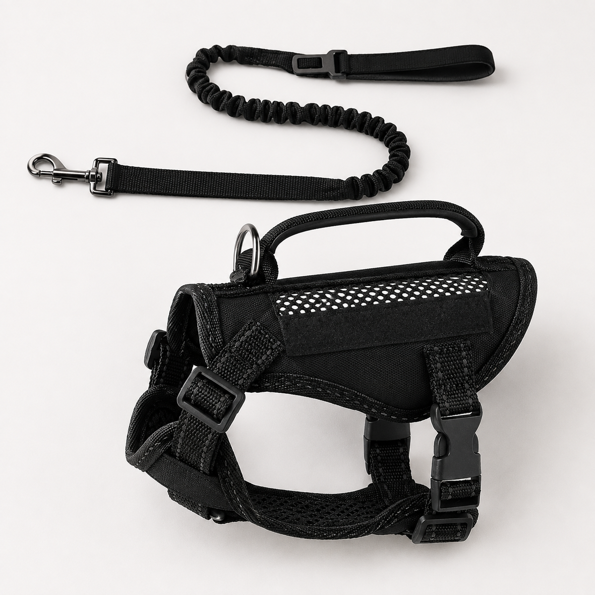 Black Prestige Tactical Cat Adventure Harness displayed with the matching elastic leash on a clean studio background.
