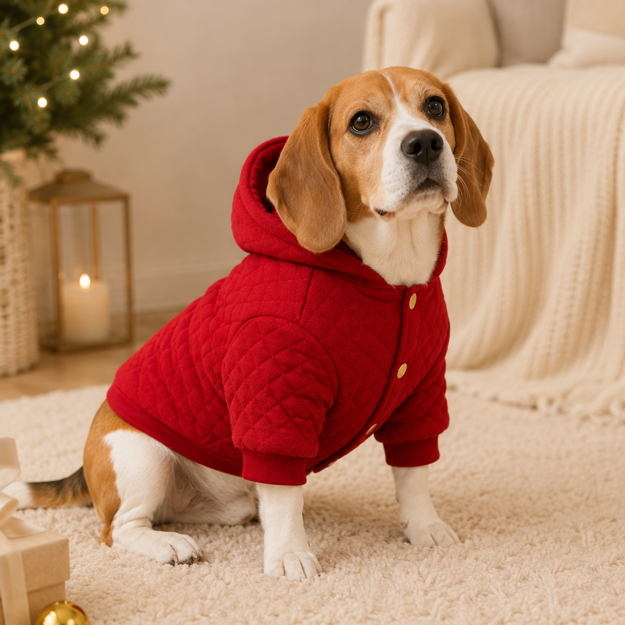 Beagle wearing the grey festive quilted hooded dog jacket in a cosy seasonal setting