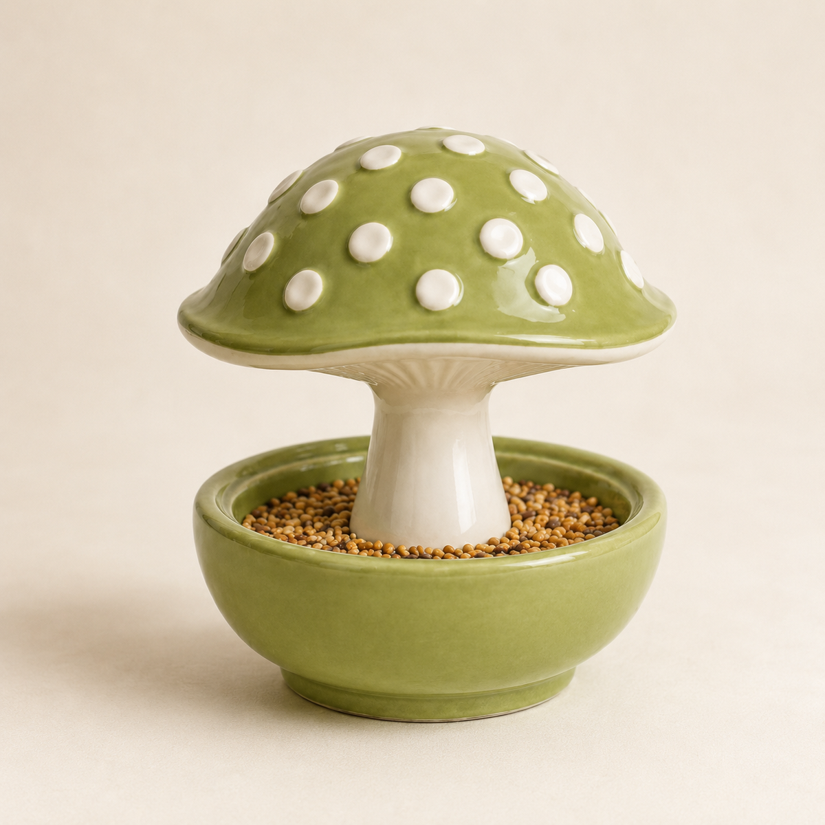 Light green Meadowcap ceramic mushroom bird feeder with white spotted cap and ceramic bowl.