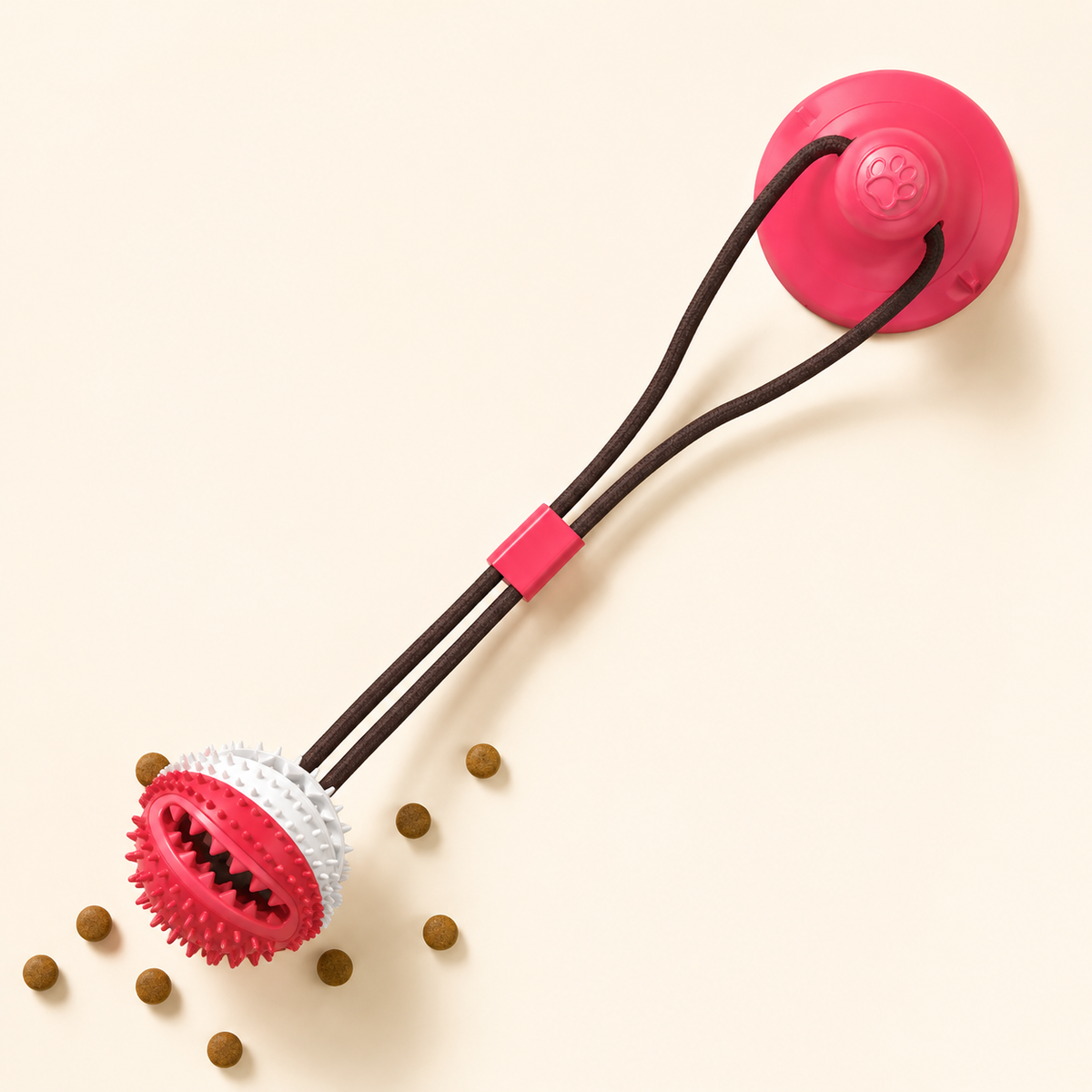 Red suction cup dog tug toy with dual dark cords and a red-and-white textured round chew head on a warm ivory background.