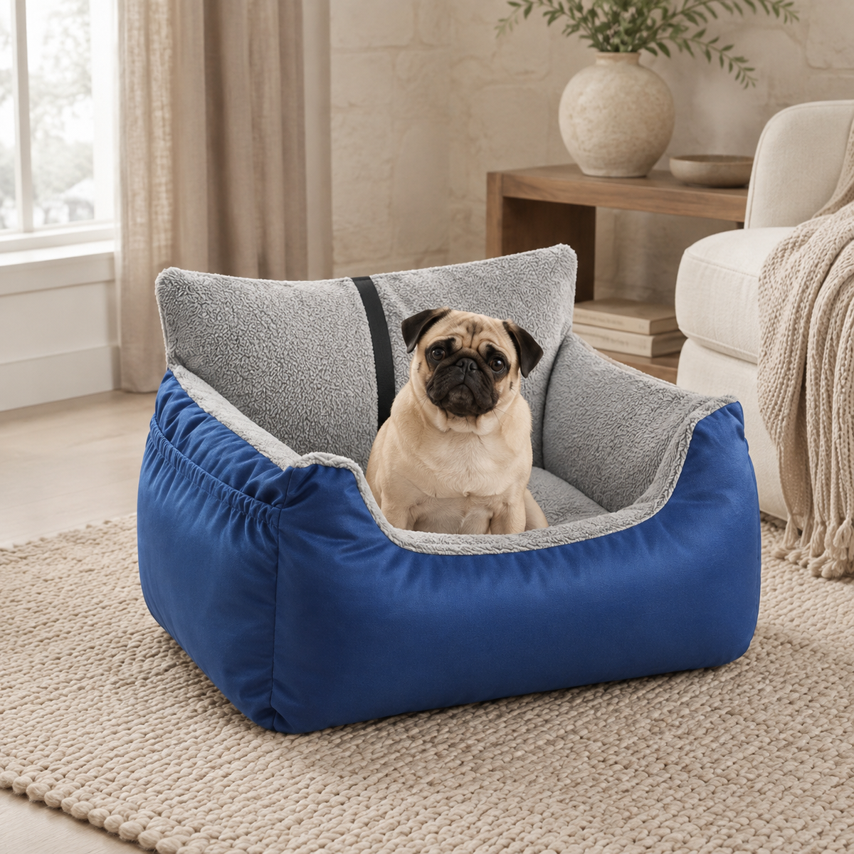 Blue Voyager Nest detachable pet car seat bed with a pug in a light stone and cream home setting.
