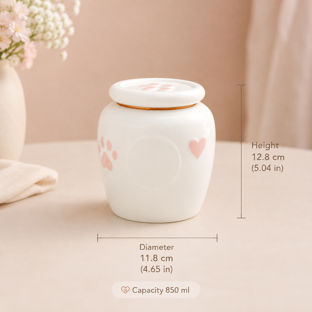 Medium ceramic pet memorial urn dimensions showing 11.8 cm diameter, 12.8 cm height, 4.65 by 5.04 inches, and 850 ml capacity.