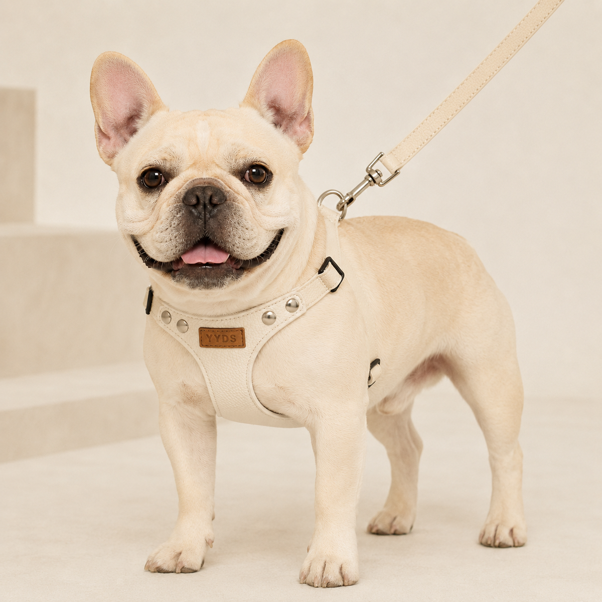 French Bulldog wearing the Prestige Ivory Leather Walking Harness in a refined neutral studio setting.