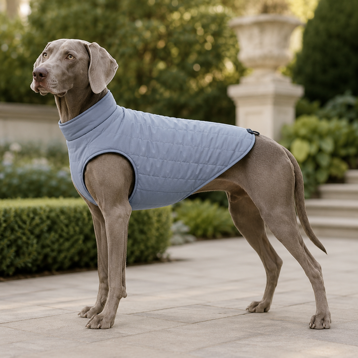 Weimaraner wearing the Water-Resistant Dog Vest in Gray Blue in a refined garden setting.