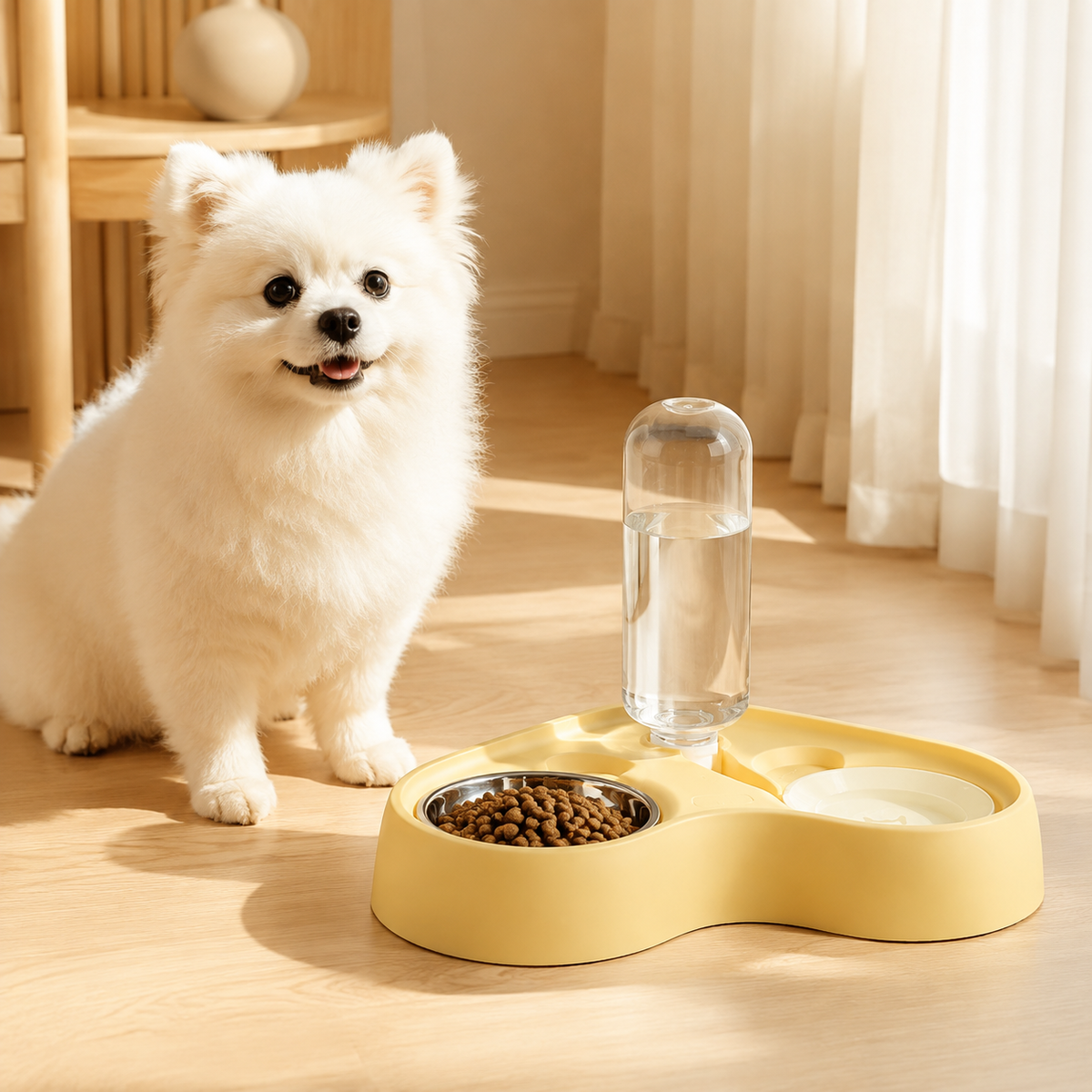 Small white dog beside the Maison Duo automatic pet waterer in Cream Yellow with stainless steel food bowl.