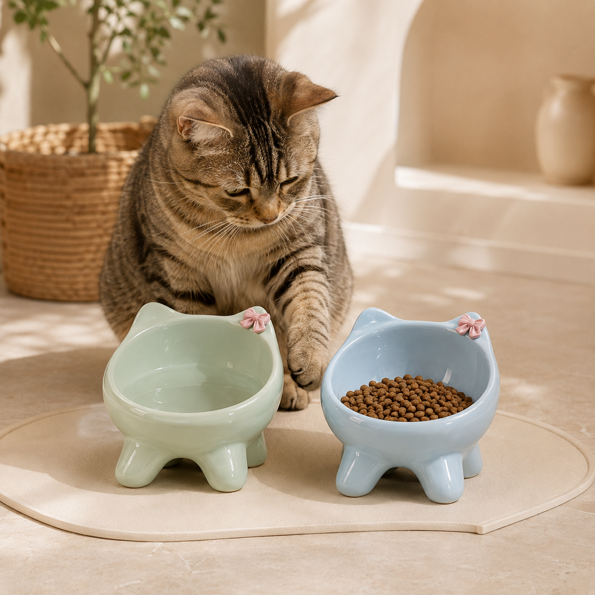 Tabby cat with two elevated ceramic bowls in pastel mint and sky blue, styled as a food and water set.