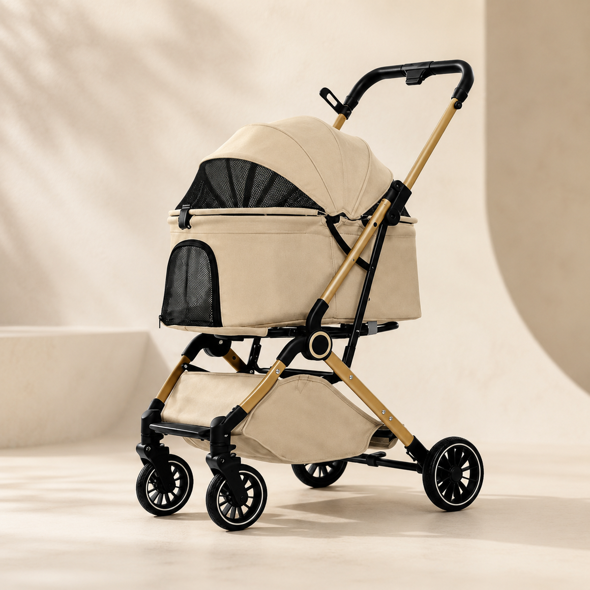 Khaki foldable pet stroller with black mesh canopy, gold-toned frame and lower storage basket.