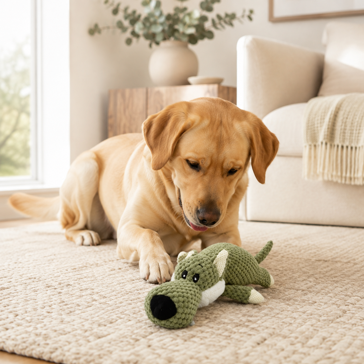 Caramel labrador playing with the Lying Wolf plush squeaky dog toy in a softly lit cream-toned living room.