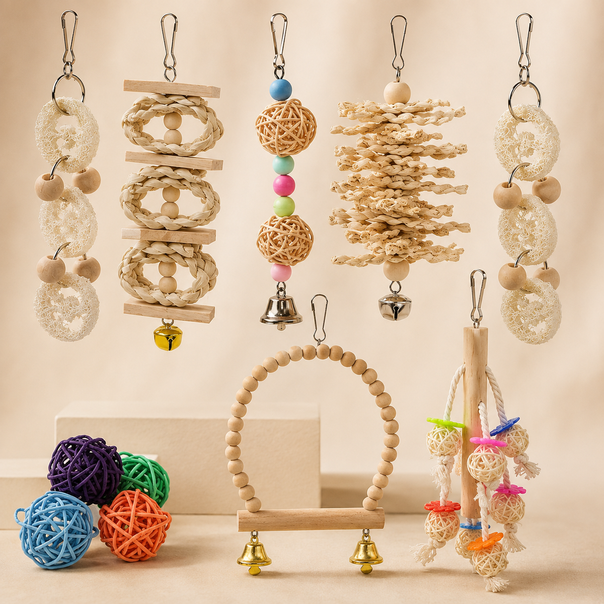 Wooden bird toy set with woven ring chew toy, stacked rattan ball toy, bead-and-block hanging toy, loofah-style hanging stack, shredding toy, beaded arch perch and hanging cluster toy.