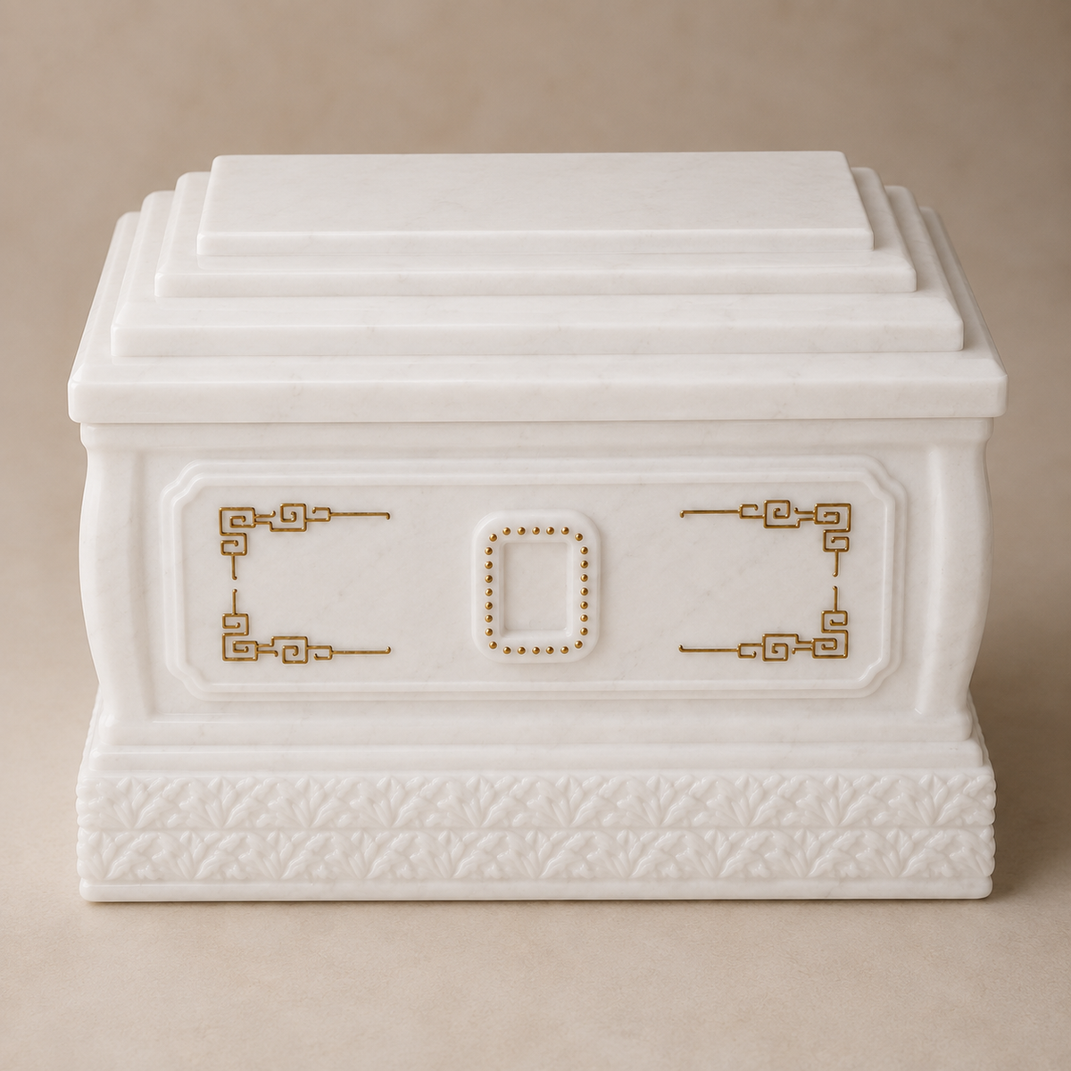 Alternative front view of a premium white marble memorial urn with seamless stepped lid and ornamental gold details.