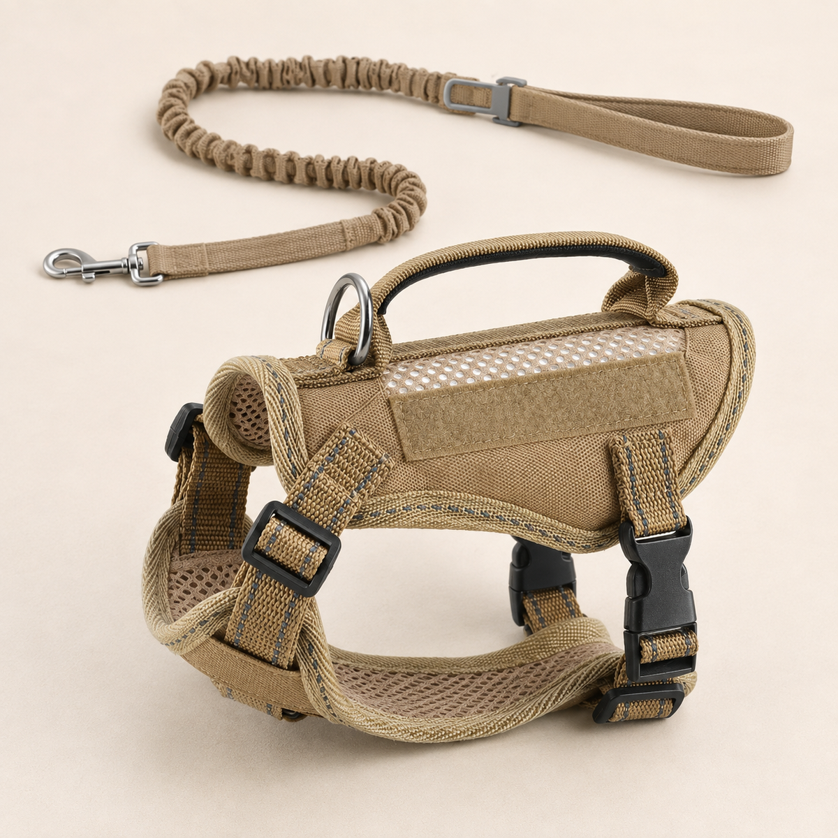 Khaki Prestige Tactical Cat Adventure Harness displayed with the matching elastic leash on a clean studio background.