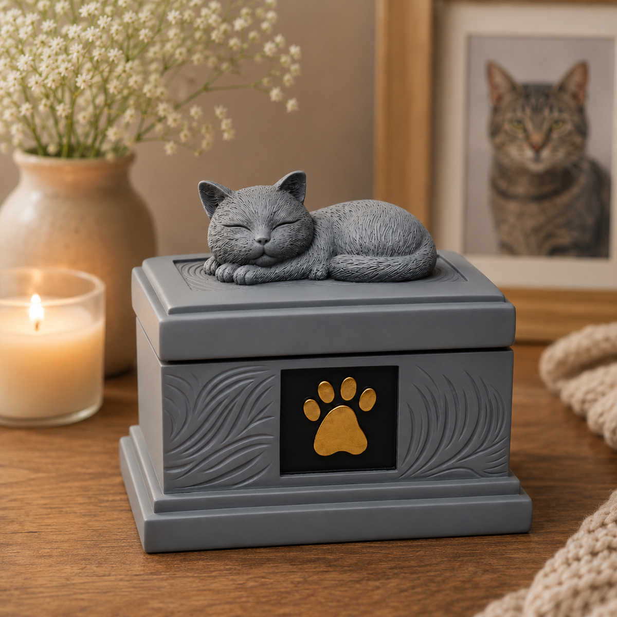 Gray resin pet memorial urn with sleeping cat sculpture displayed on a warm wooden table with candle and framed cat photo.