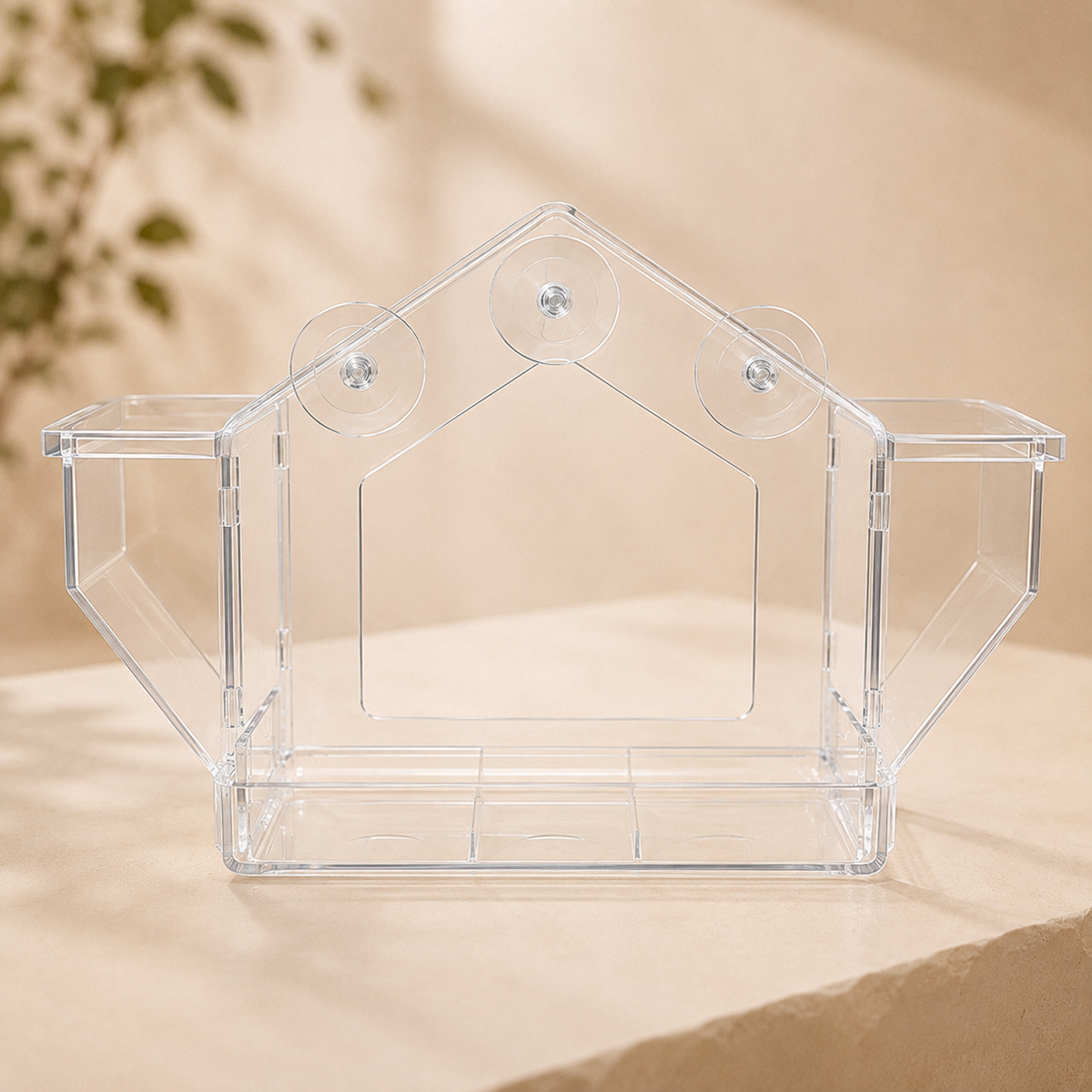 Angled product photo of the ClearView transparent window bird feeder with wide viewing area and top-mounted suction cups.