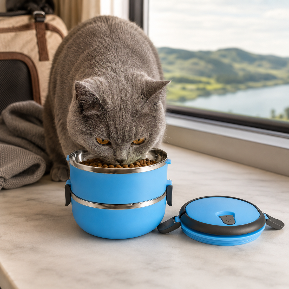 British Shorthair cat eating from the blue Voyager Seal stainless steel pet travel bowl beside a scenic window.