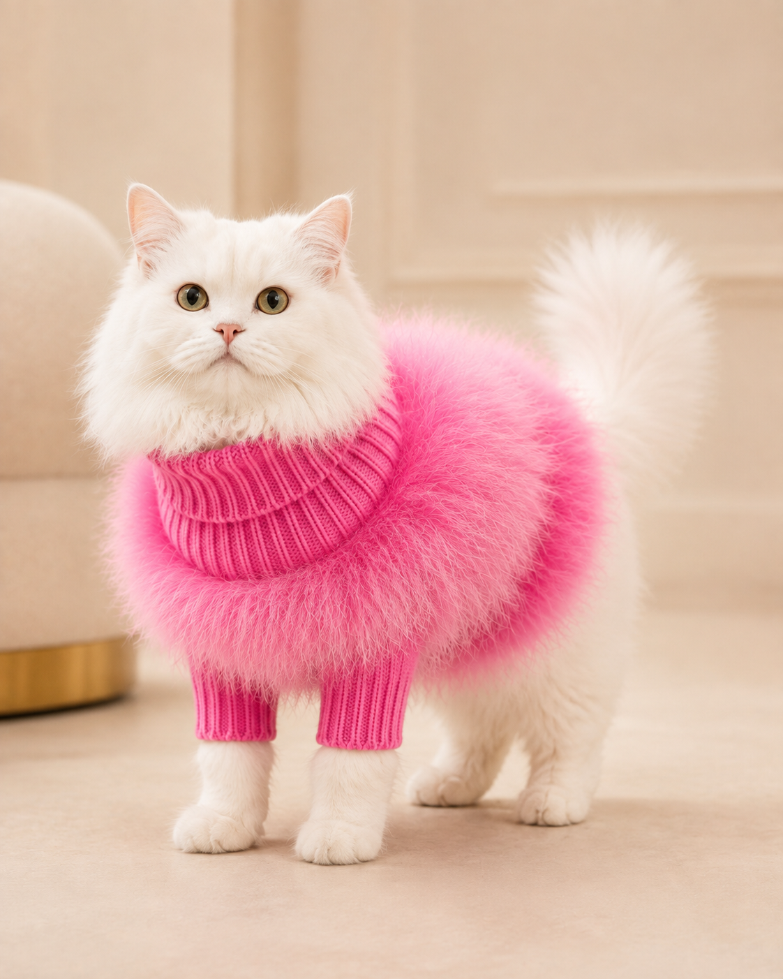 White cat wearing the Feather Trim Pet Sweater in Enthusiastic Pink in a stylish lifestyle setting.