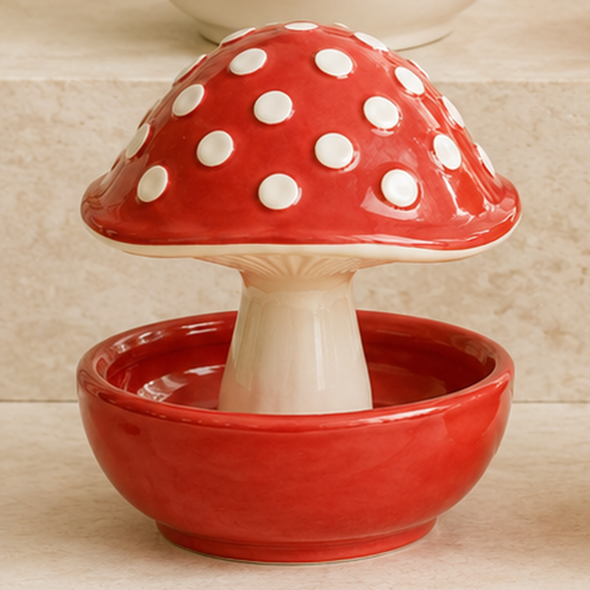 Red Meadowcap ceramic mushroom bird feeder with white spotted mushroom cap and matching ceramic bowl.