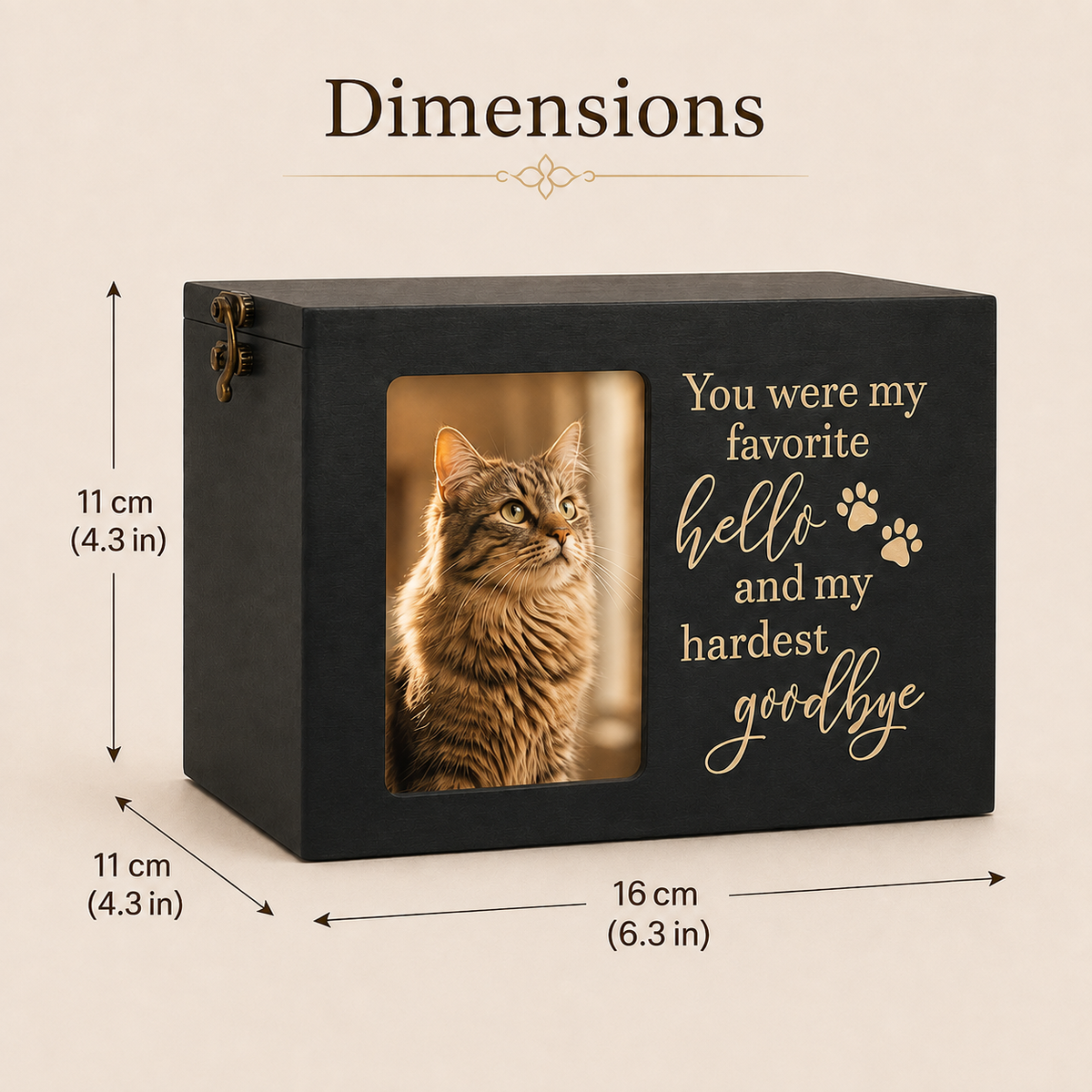 Dimensions graphic of the black wooden pet memorial box showing 16 × 11 × 11 cm and 6.3 × 4.3 × 4.3 in, with a cat photo in the frame window.