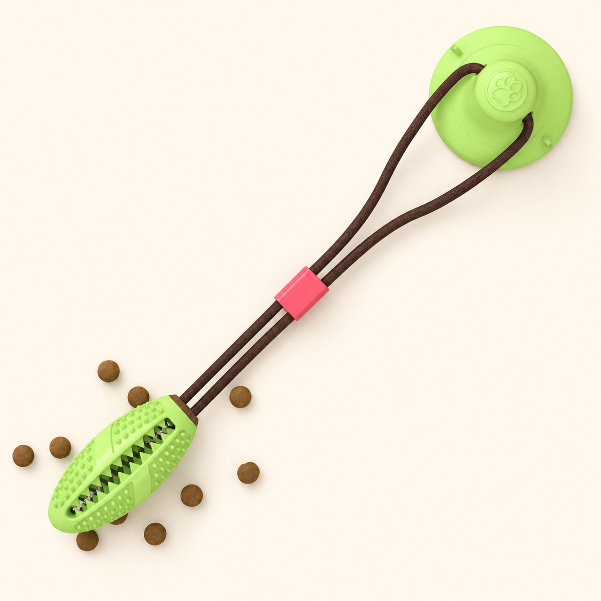 Green suction cup dog tug toy with dual dark cords and a textured oval chew head shown with small kibble pieces on a warm ivory background.