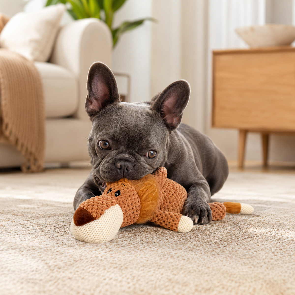 Blue French bulldog playing with the Lying Lion plush squeaky dog toy on a neutral rug in an elegant light interior.