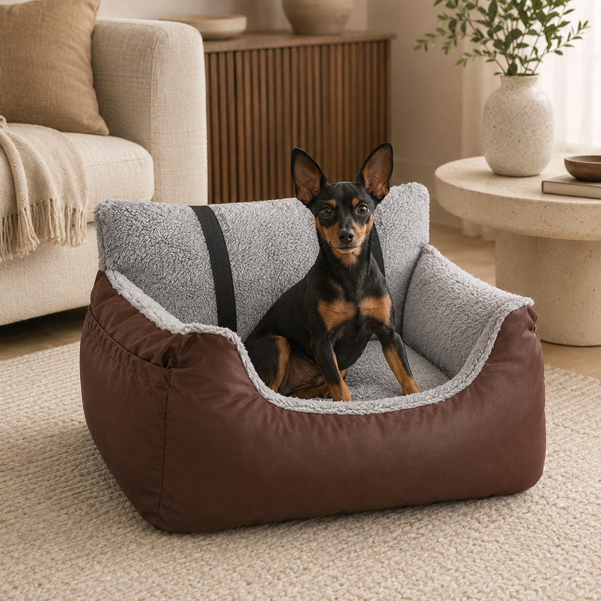 Brown Voyager Nest detachable pet car seat bed with a miniature pinscher in a warm neutral living room.