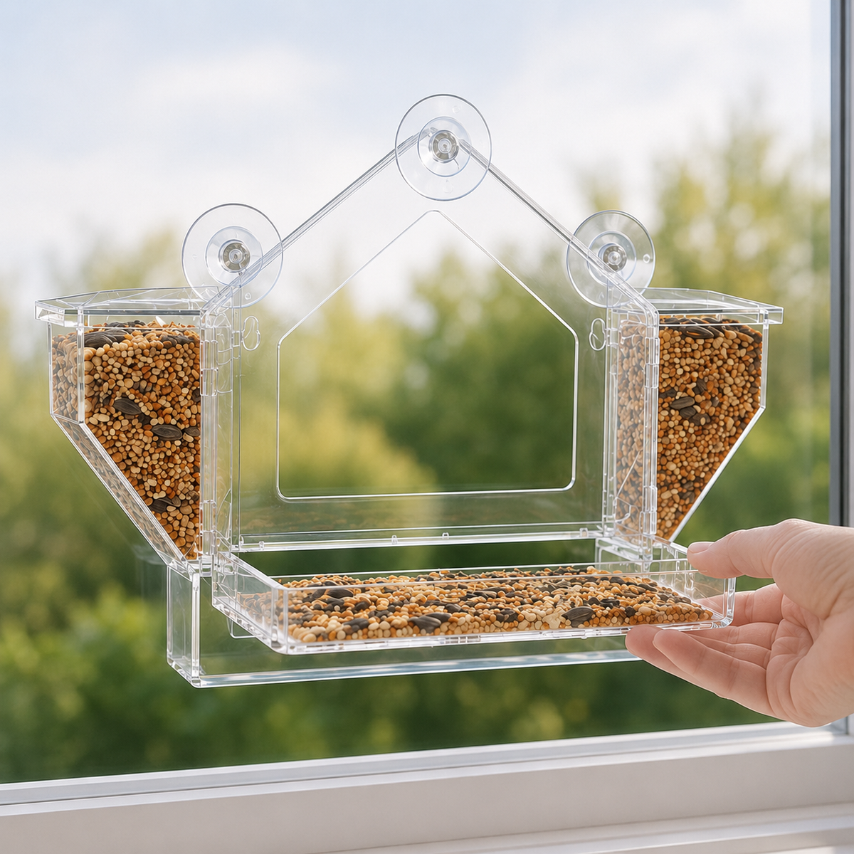 Feature photo showing the ClearView bird feeder being refilled, highlighting the tray access and clear seed chambers.