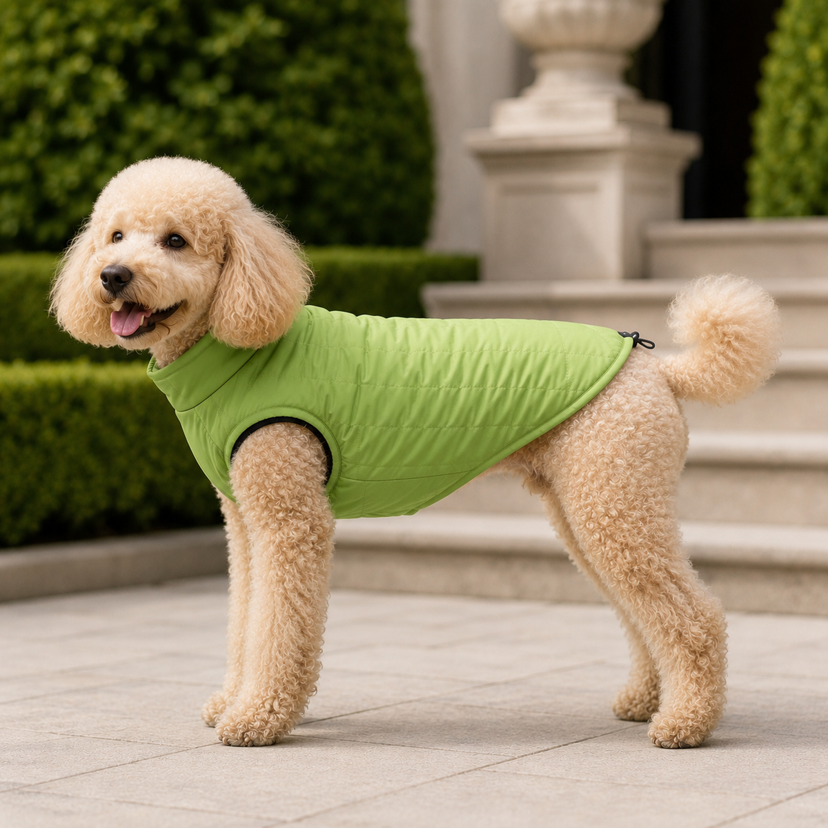 Curly-coated dog wearing the Water-Resistant Dog Vest in Green outdoors.