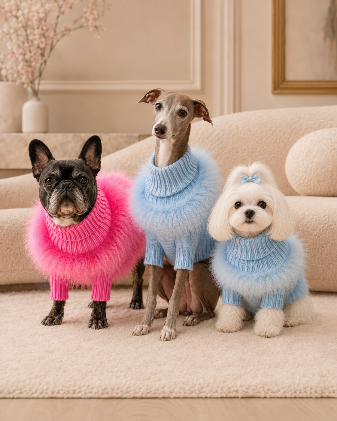 Group portrait of dogs wearing Feather Trim Pet Sweaters in Enthusiastic Pink and Light Blue in a premium lifestyle scene.