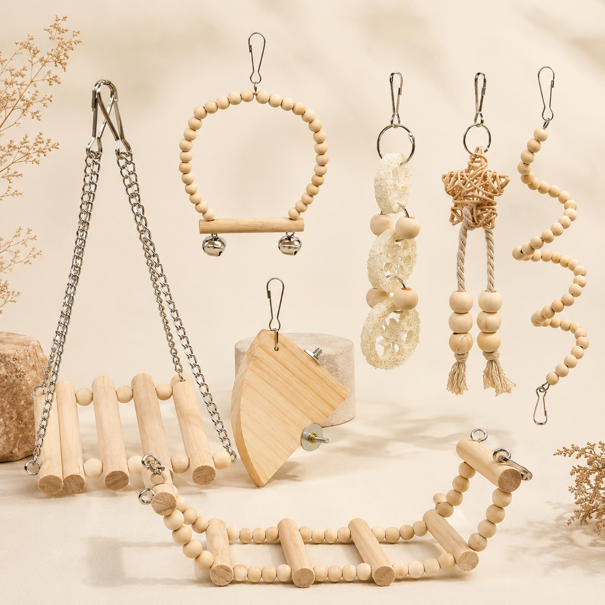 Wooden bird toy set with chain swing, beaded arch perch, loofah chain, star hanging toy, bead spiral, wedge perch and beaded bridge on a soft warm neutral background.