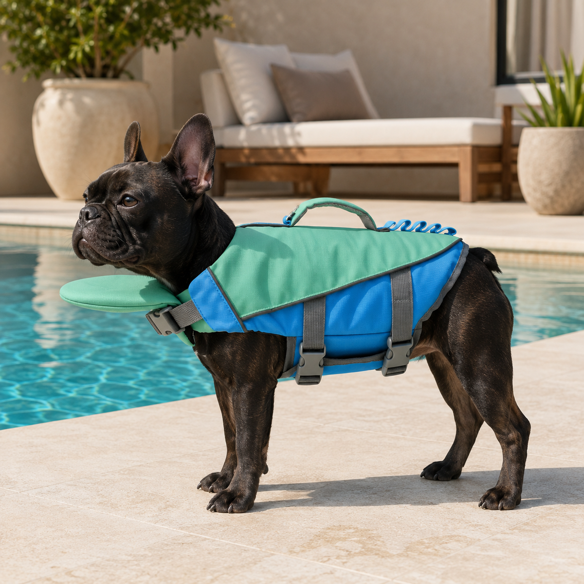 Poolside product photo of a French bulldog wearing the HarborGuard reflective dog life jacket in pine green and blue.