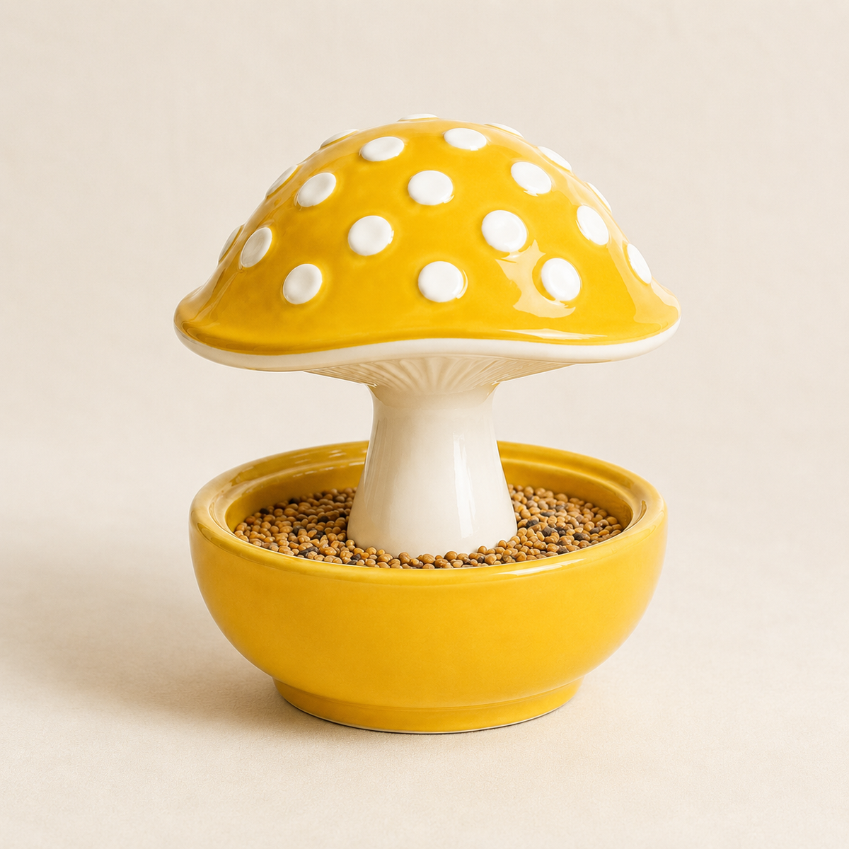 Yellow Meadowcap ceramic mushroom bird feeder with white spots and circular feeding trough.