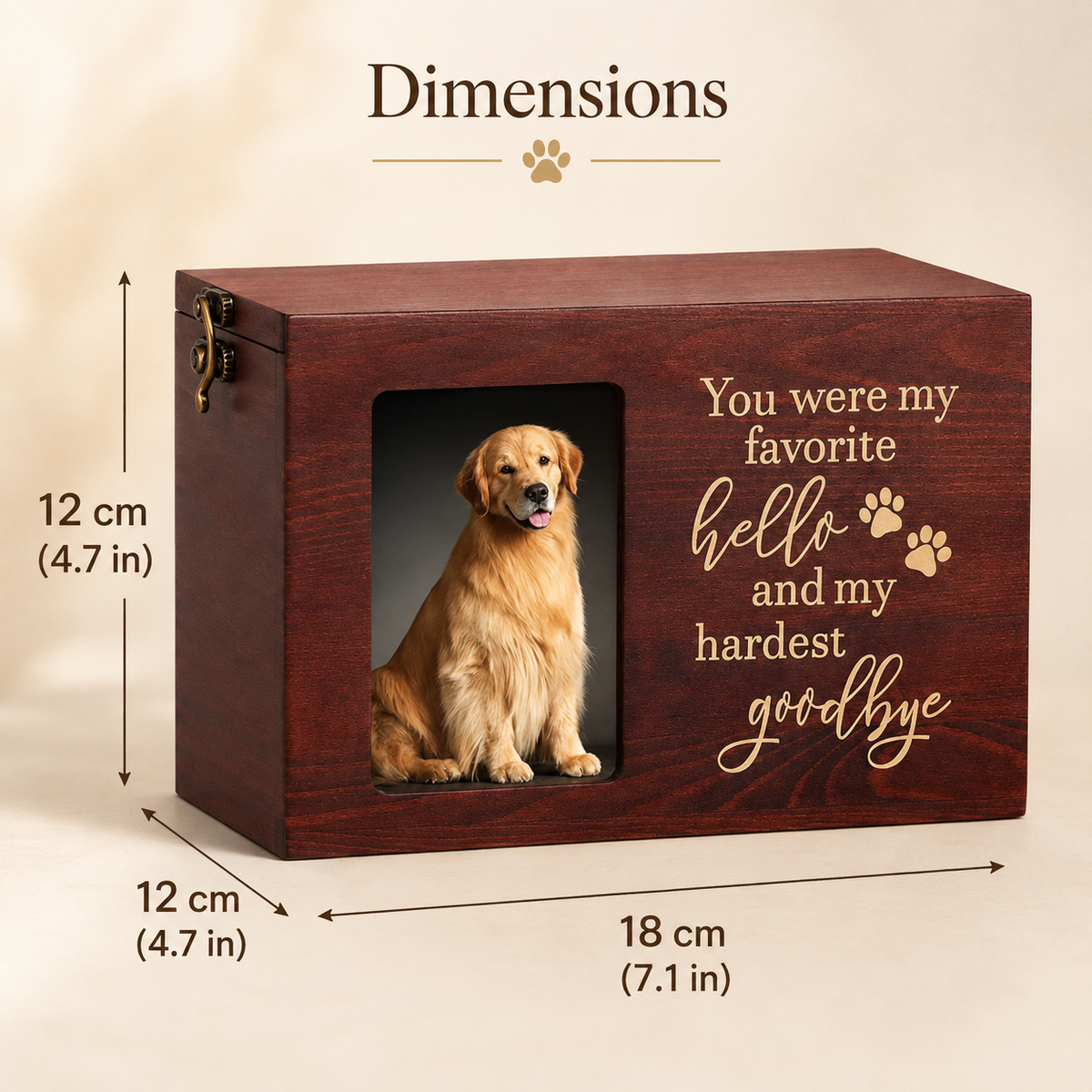 Dimensions graphic of the red wooden pet memorial box showing 18 × 12 × 12 cm and 7.1 × 4.7 × 4.7 in.