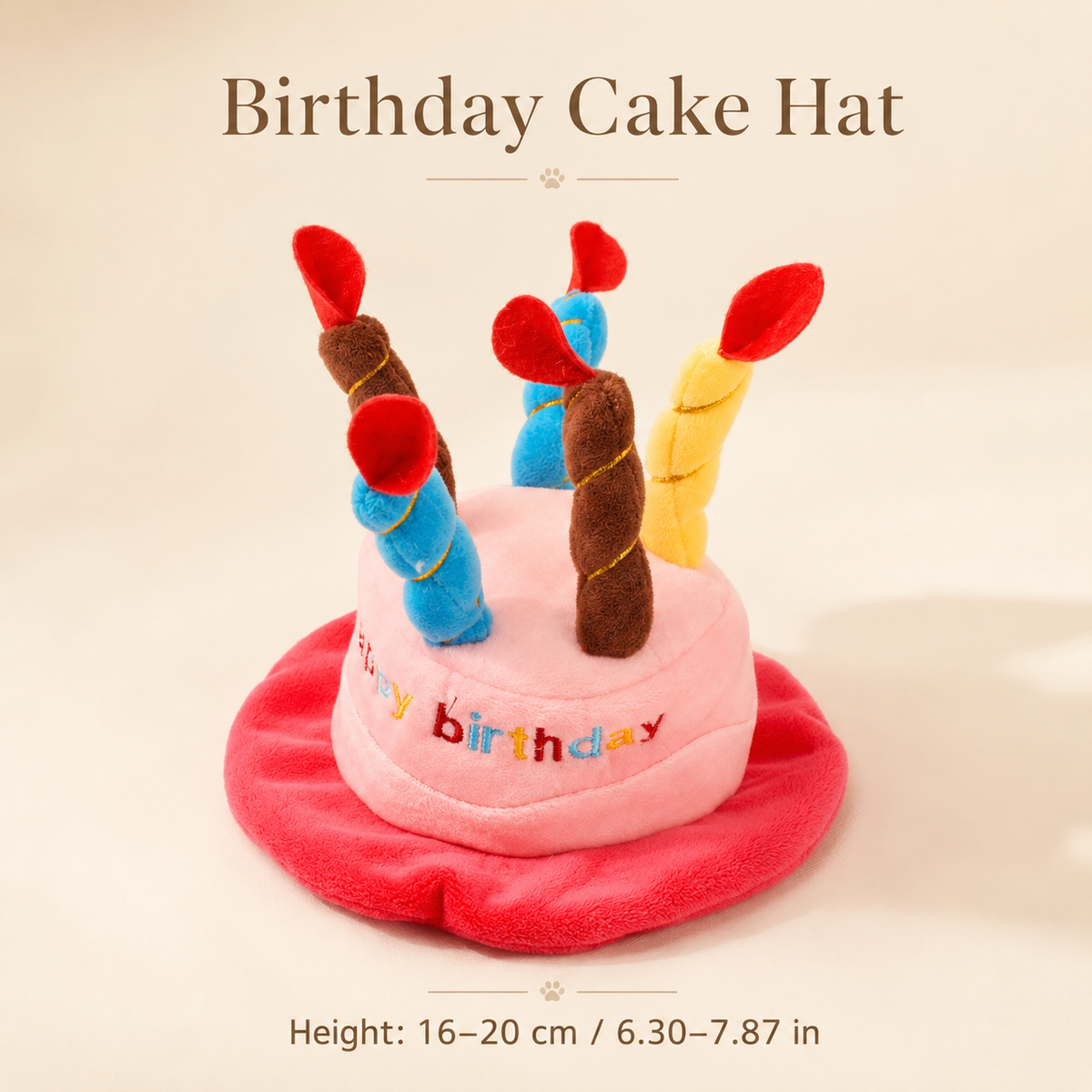 Birthday cake hat plush squeaky dog toy with candle details shown on a clean premium background with height in centimeters and inches.