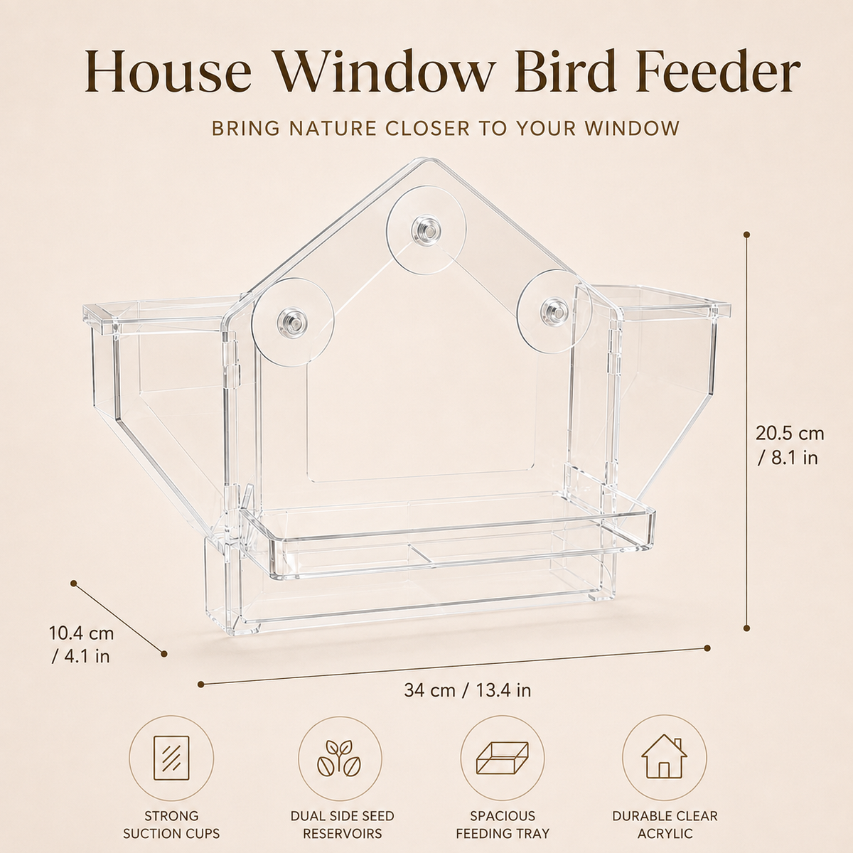 Clean product image of the ClearView acrylic window bird feeder mounted to glass with correct three-point suction-cup placement.