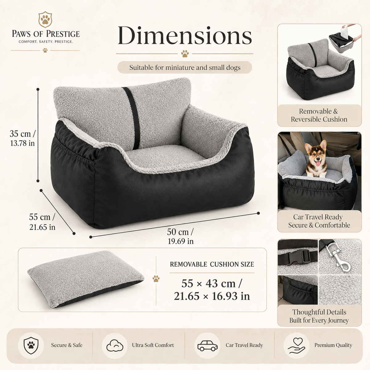 Dimensions guide for the pet car seat bed showing the main bed size as 55 by 50 by 35 centimeters and the removable cushion size as 55 by 43 centimeters, with inch conversions.