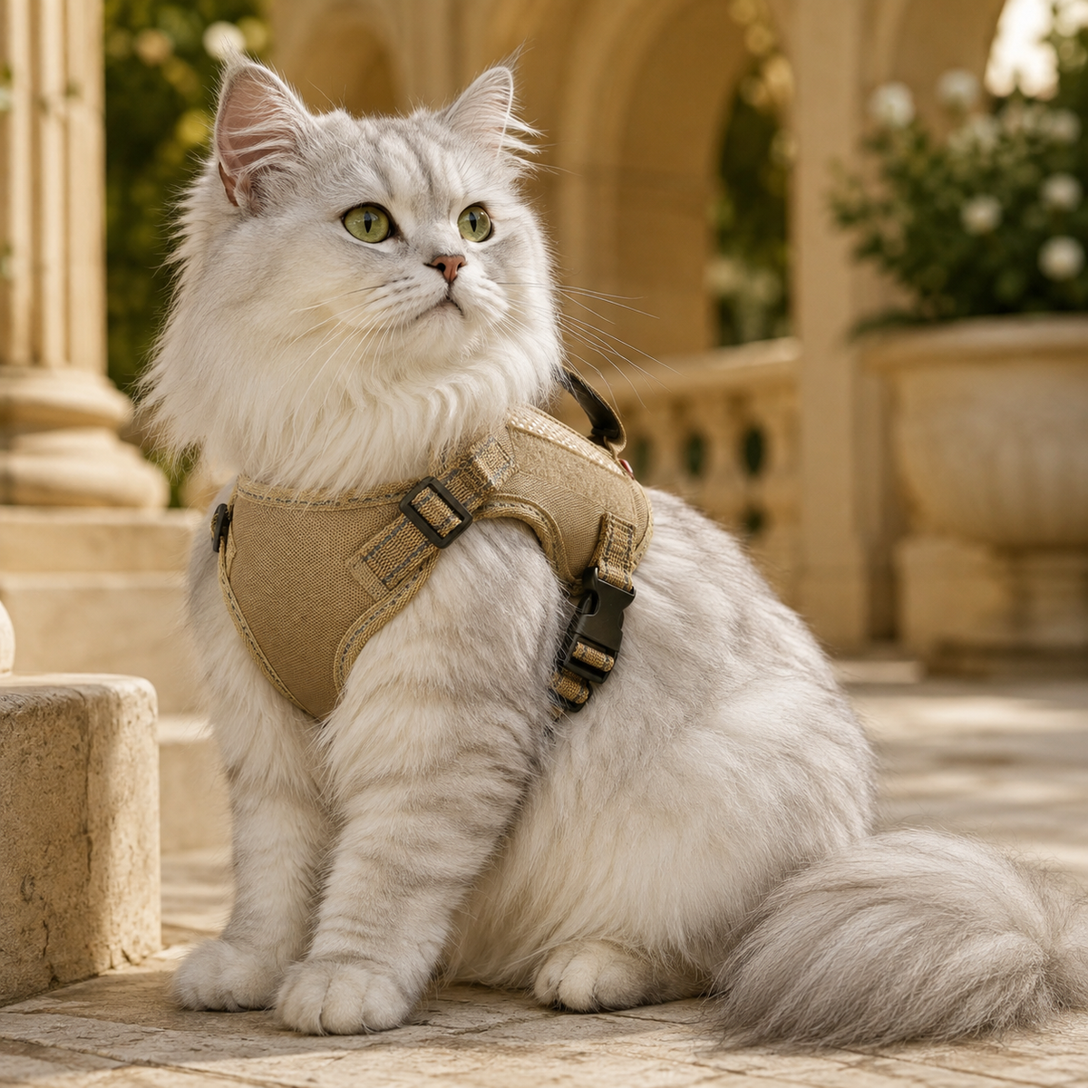 Silver long-haired cat wearing the Prestige Tactical Cat Adventure Harness in Khaki in an elegant sunlit courtyard.