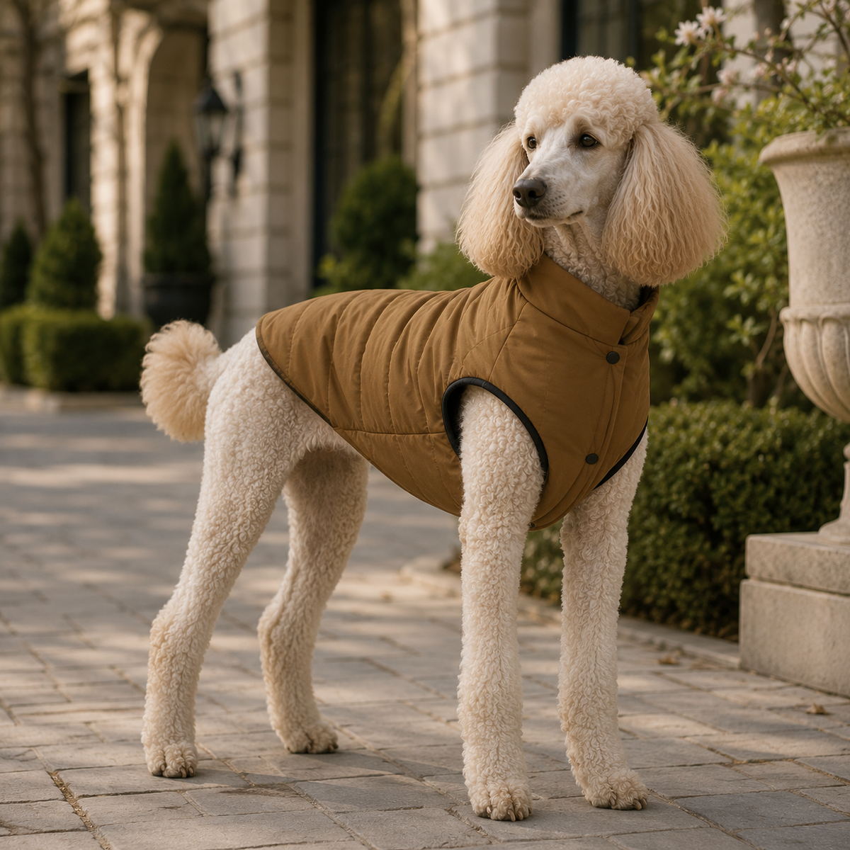 Poodle wearing the Water-Resistant Dog Vest in Navy Blue in an elegant outdoor portrait.