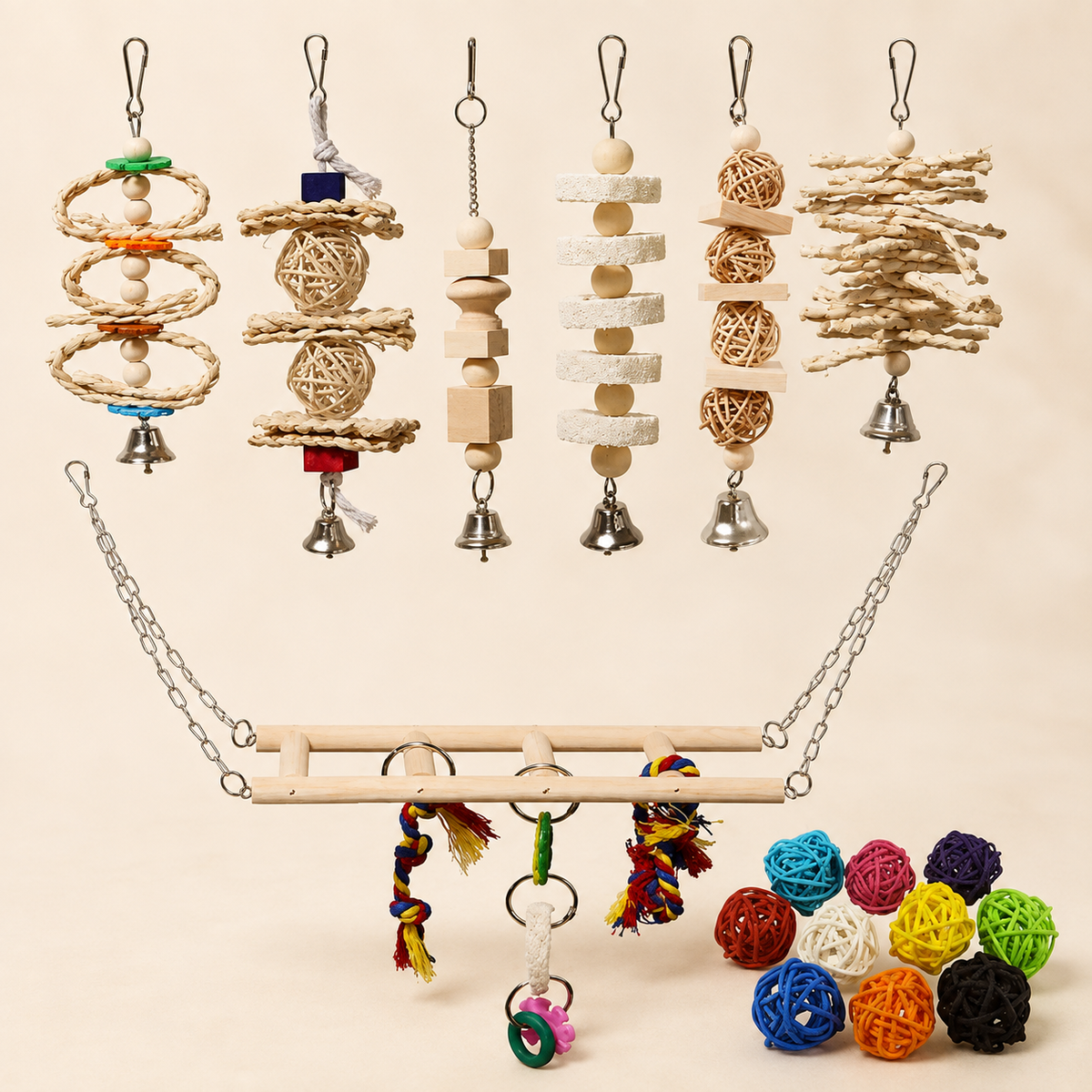 Random-colour wooden bird toy set with a large hanging swing, six hanging chew toys and loose woven play balls arranged on a warm ivory background.