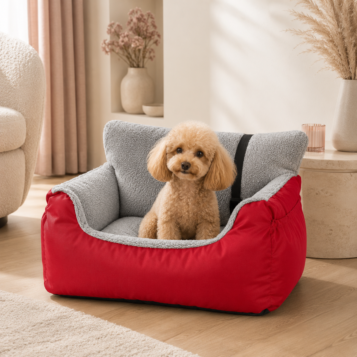 Red Voyager Nest detachable pet car seat bed with a toy poodle in a blush and cream styled home interior.