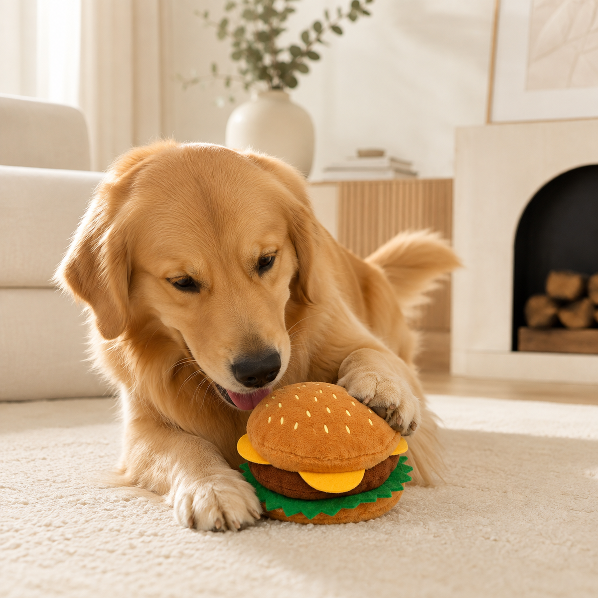 Golden retriever playing with a burger-shaped plush dog toy in a sophisticated cream-toned living room.