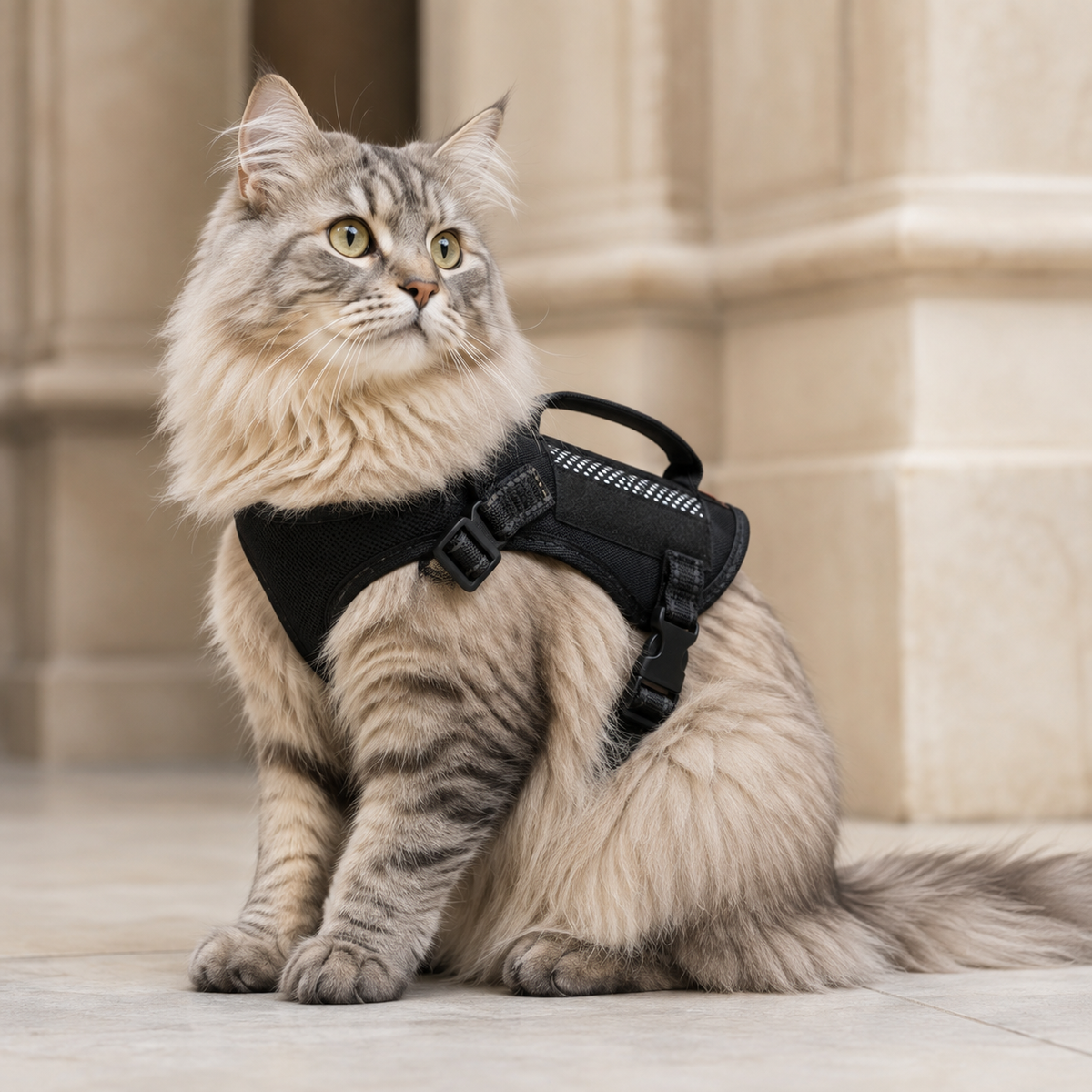 Fluffy tabby cat wearing the Prestige Tactical Cat Adventure Harness in Black in a premium stone courtyard setting.