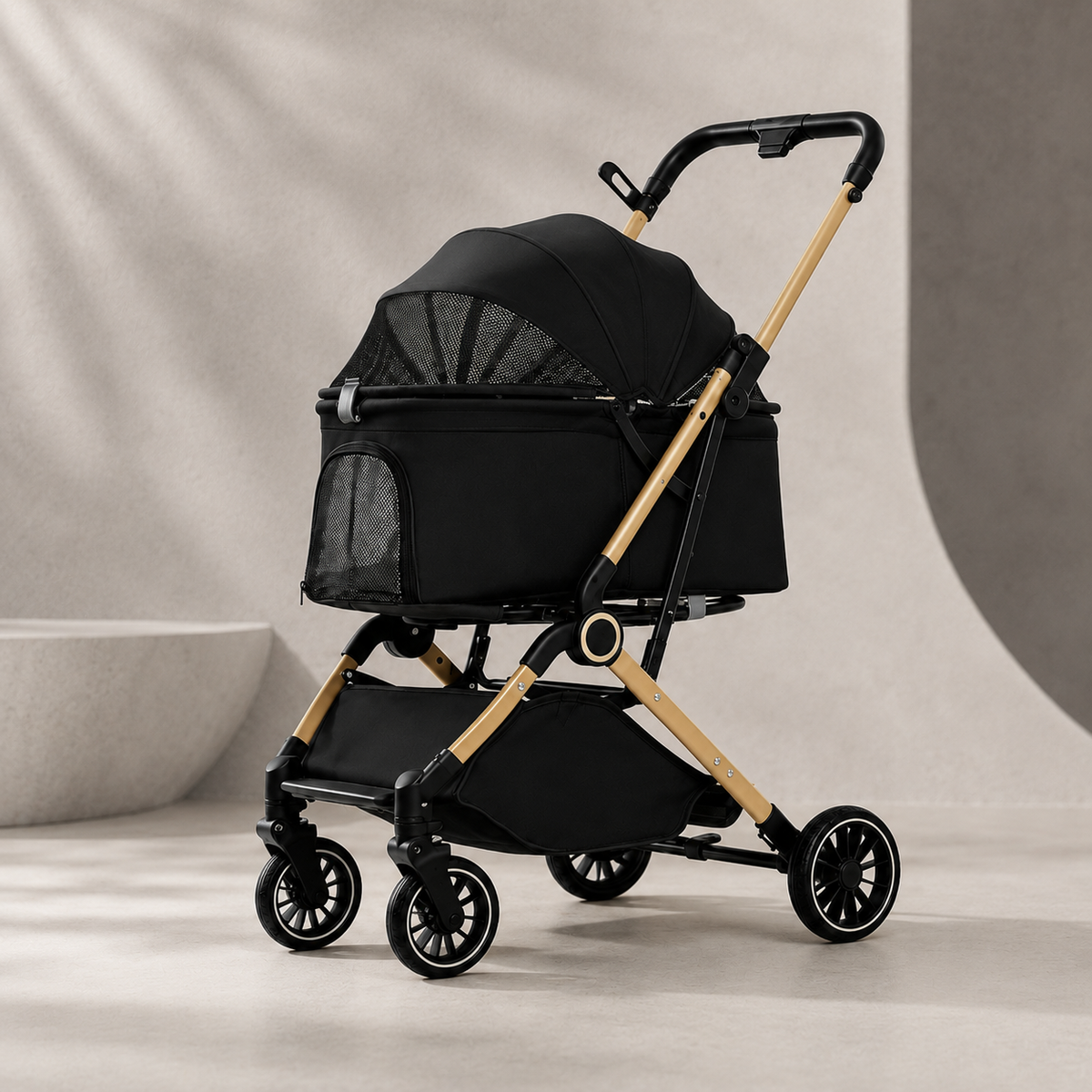 Knight black foldable pet stroller with enclosed carriage, mesh panels and lightweight gold-toned frame.