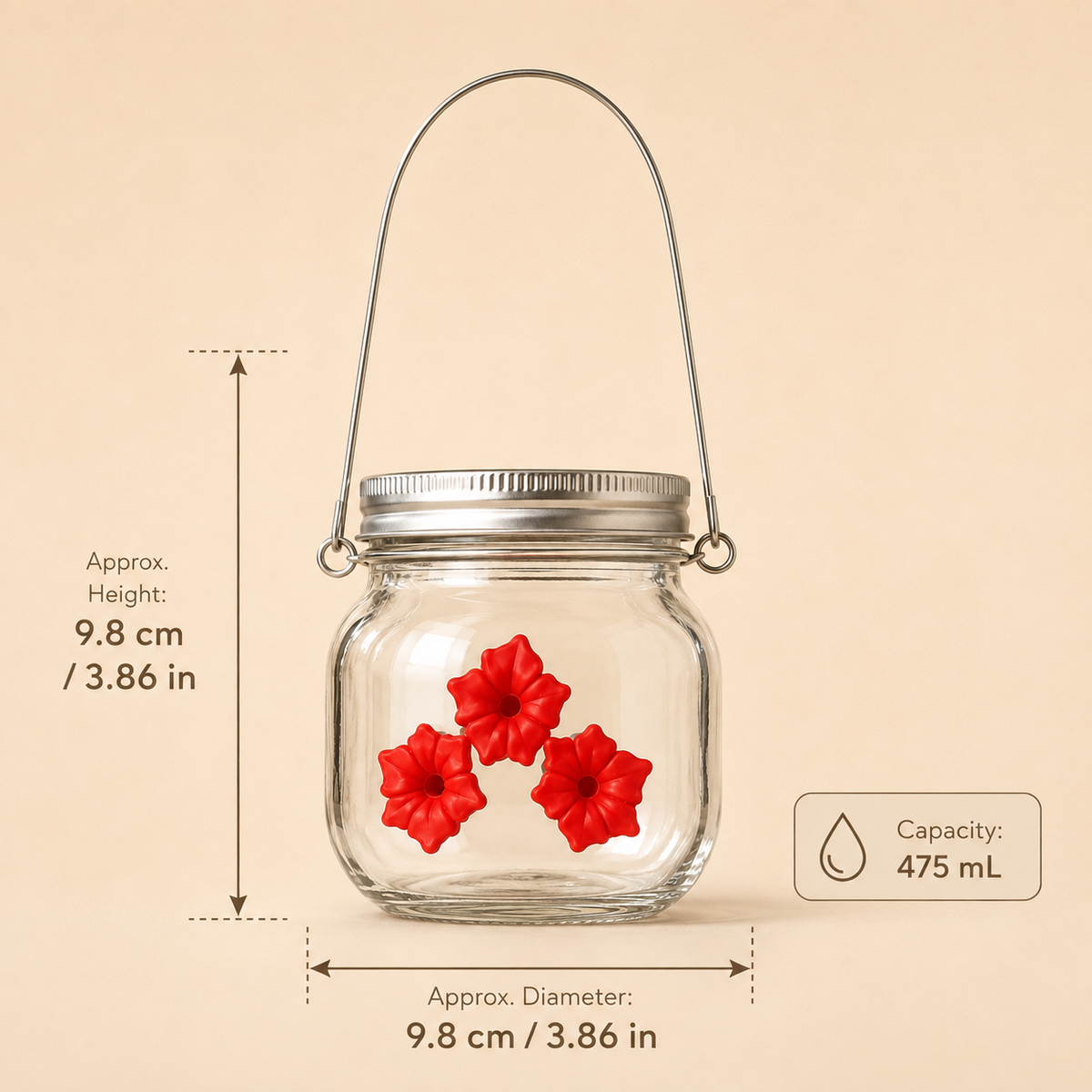 Size guide for the Bloom & Sip light bulb hummingbird feeder showing approximate dimensions in millimetres and inches.