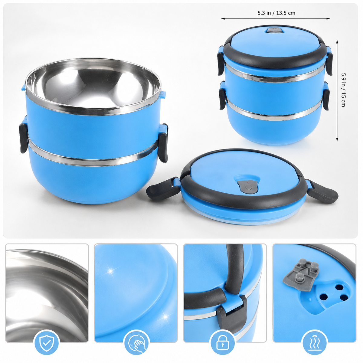 Specification collage of the blue Voyager Seal stainless steel pet travel bowl with dimensions, material close-ups and lid details.