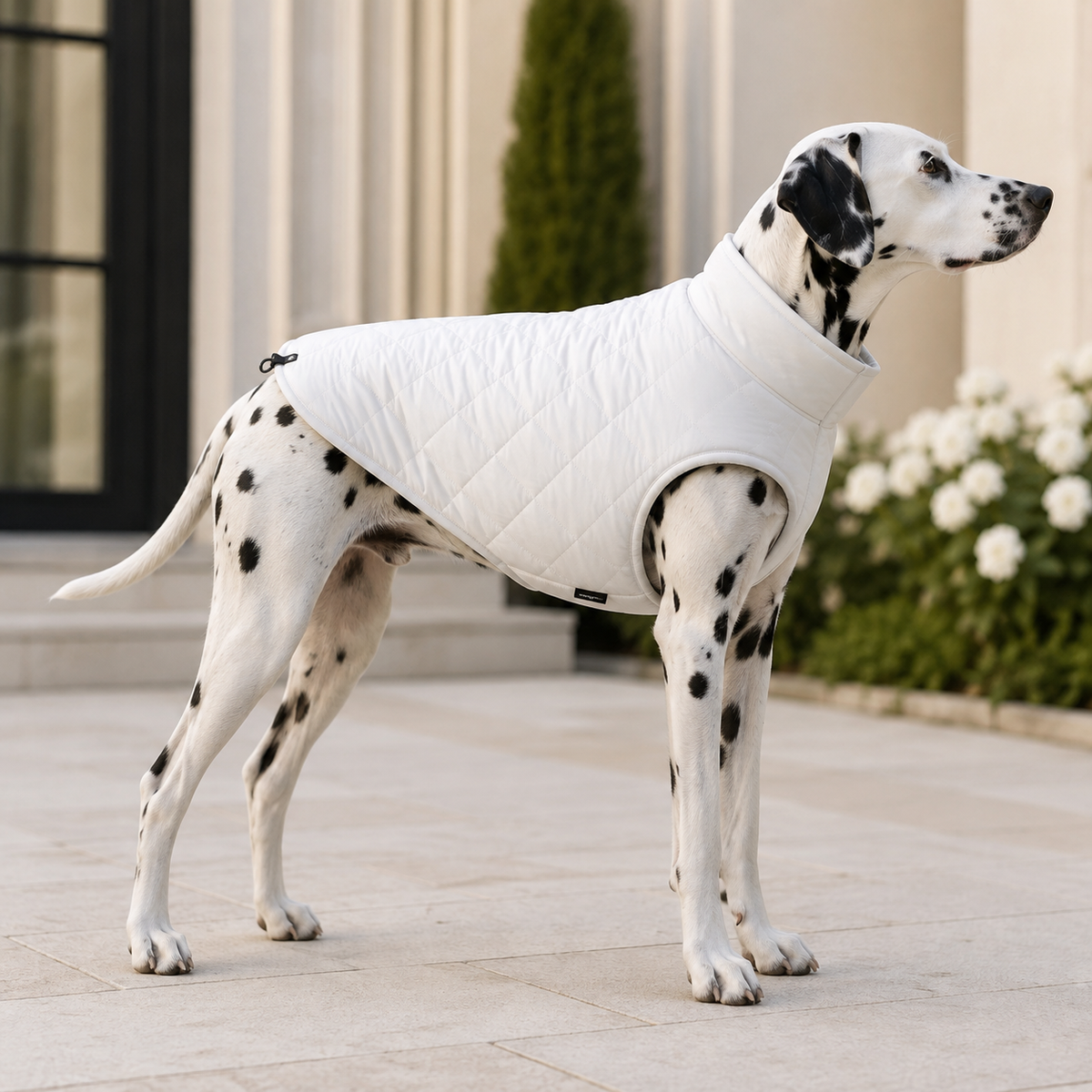 Dalmatian wearing the Water-Resistant Dog Vest in White in an elegant outdoor setting.