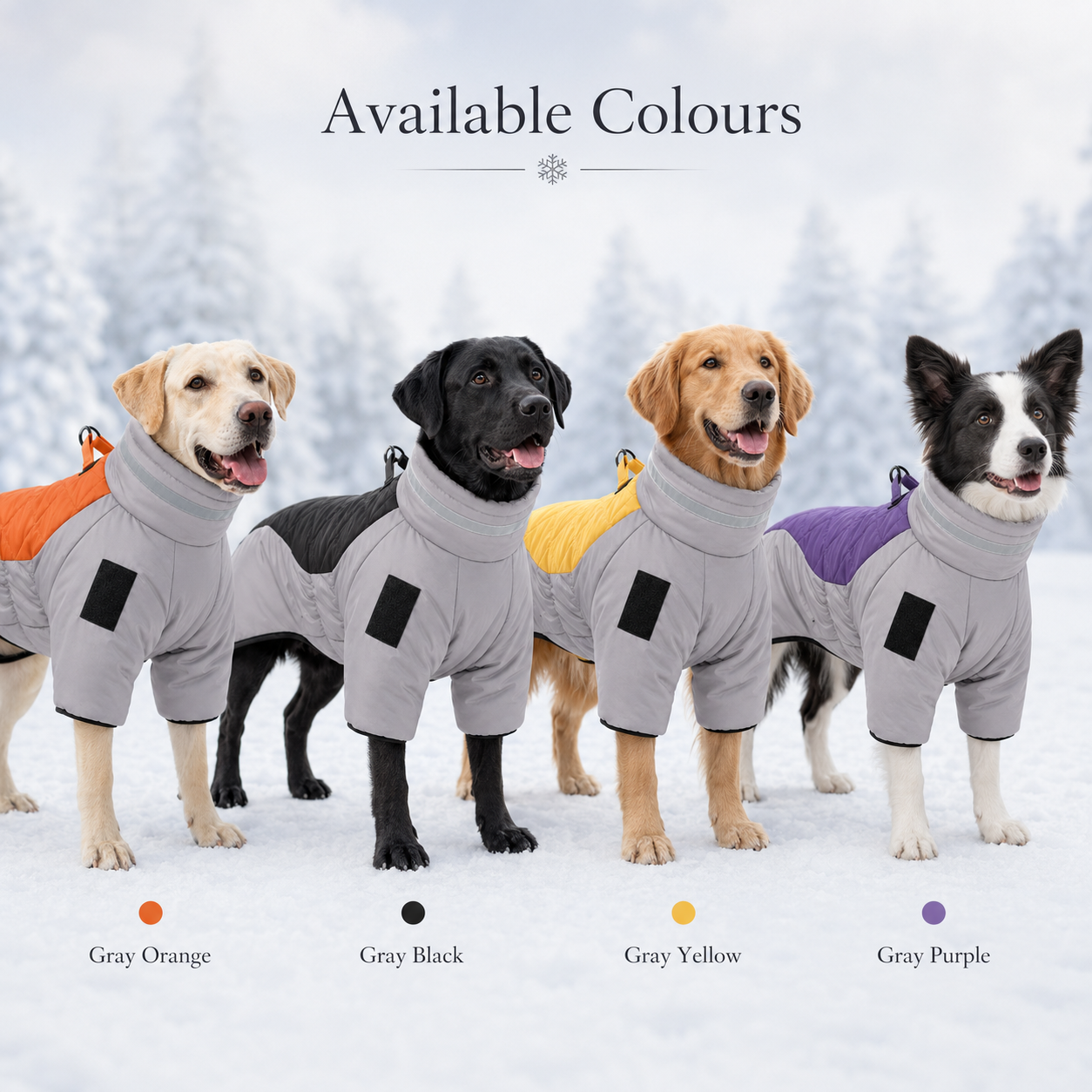 Available colours for the reflective quilted winter dog coat: gray orange, gray black, gray yellow, and gray purple