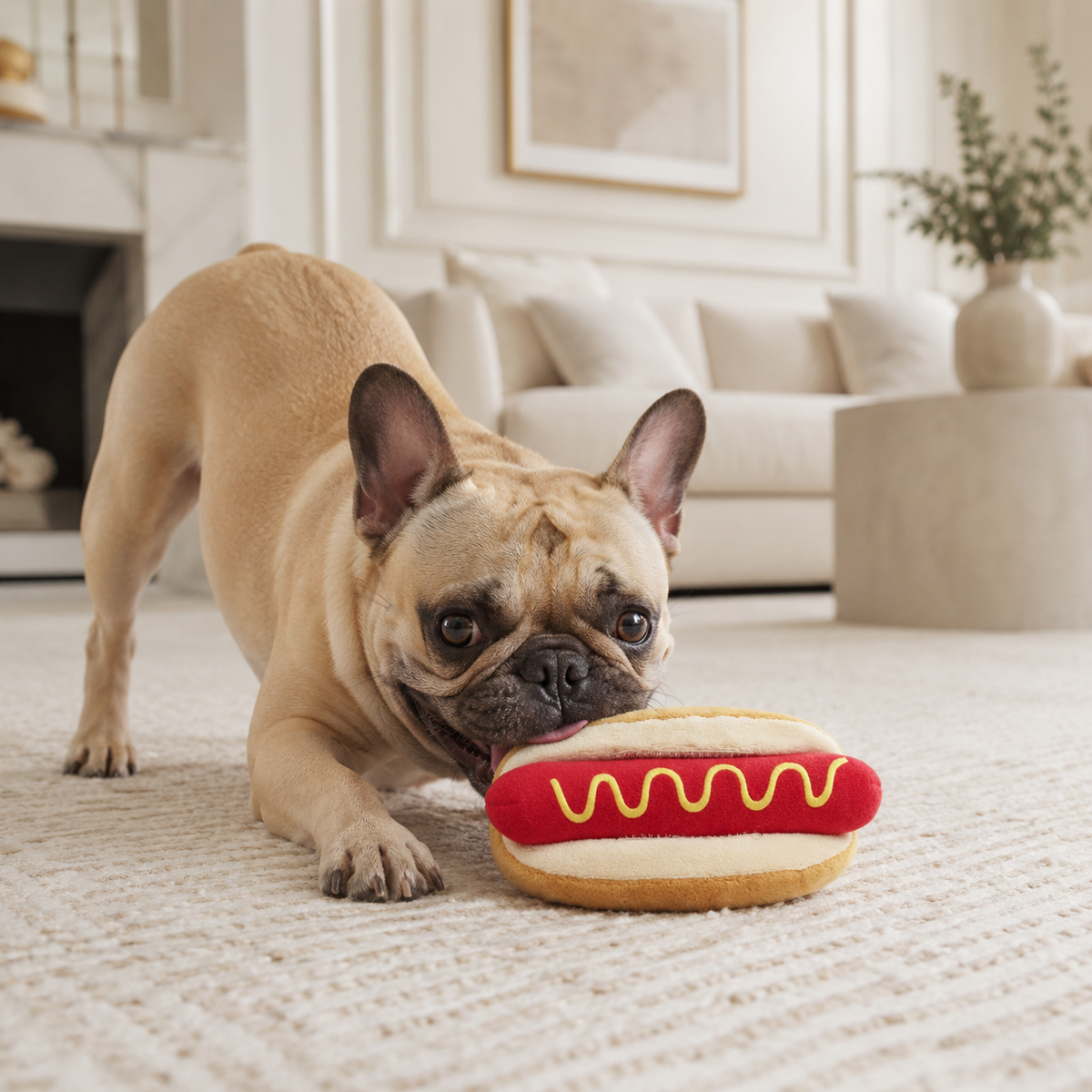 French bulldog playing with a hot dog shaped plush dog toy on a soft neutral rug in an elegant light interior.