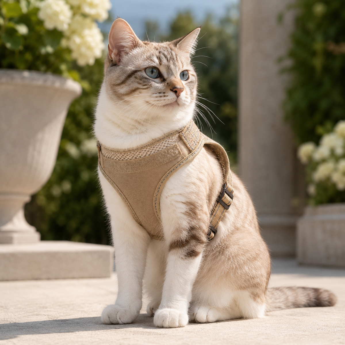 Light tabby cat wearing the Prestige Tactical Cat Adventure Harness in Khaki in a bright garden setting.