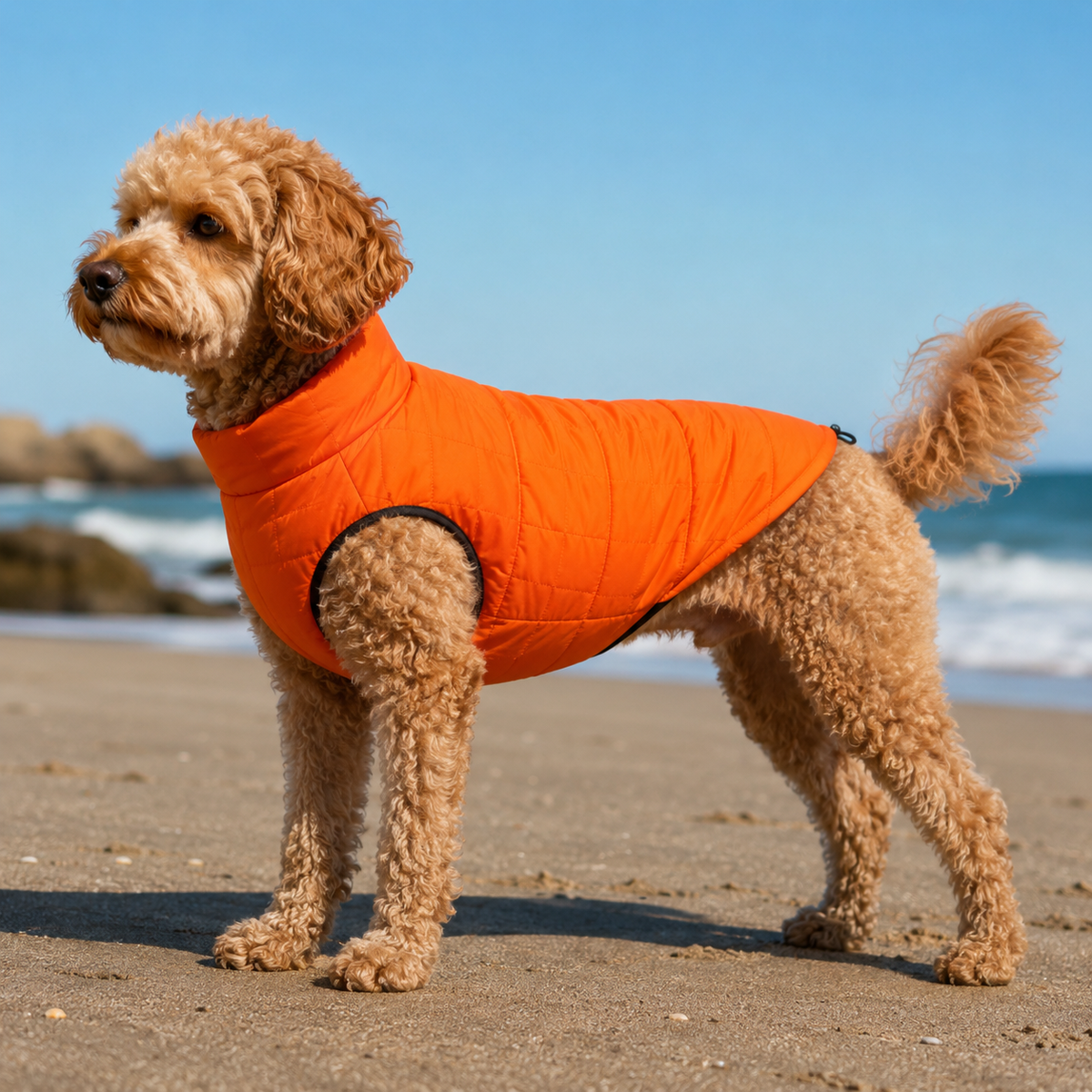 Curly-coated dog wearing the Water-Resistant Dog Vest in Orange near the coast.