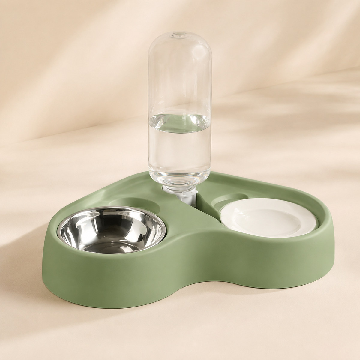 Maison Duo pet feeder and automatic waterer in Matcha Green with removable stainless steel food bowl.