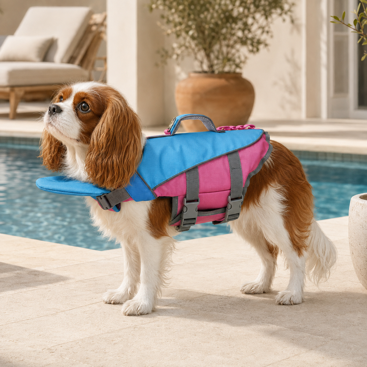 Cavalier King Charles Spaniel wearing the HarborGuard reflective dog life jacket in powder blue and pink by the pool.